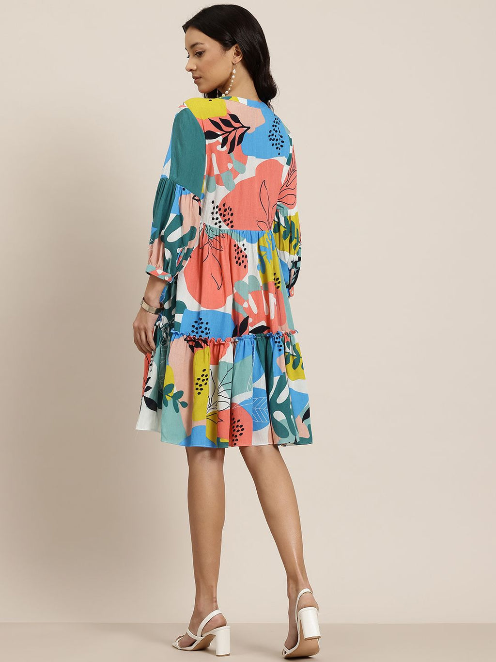 Dhimhi Women's Floral Print Puff Sleeves Tie-Up Neck Tiered Dress