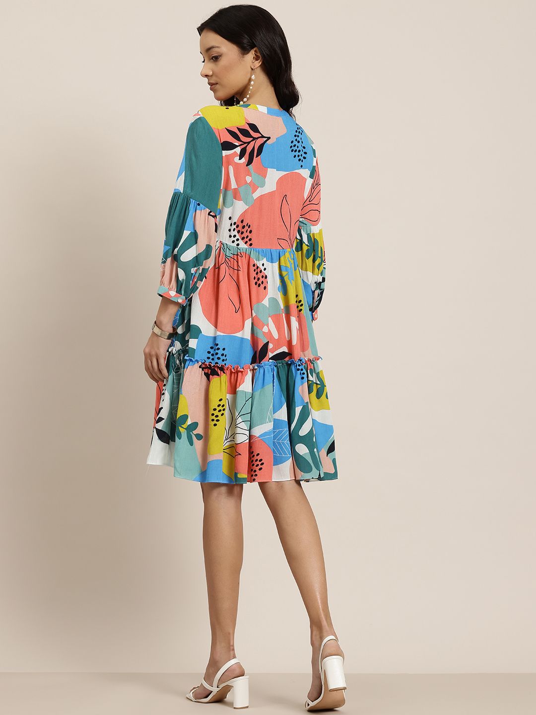 Dhimhi Women's Floral Print Puff Sleeves Tie-Up Neck Tiered Dress