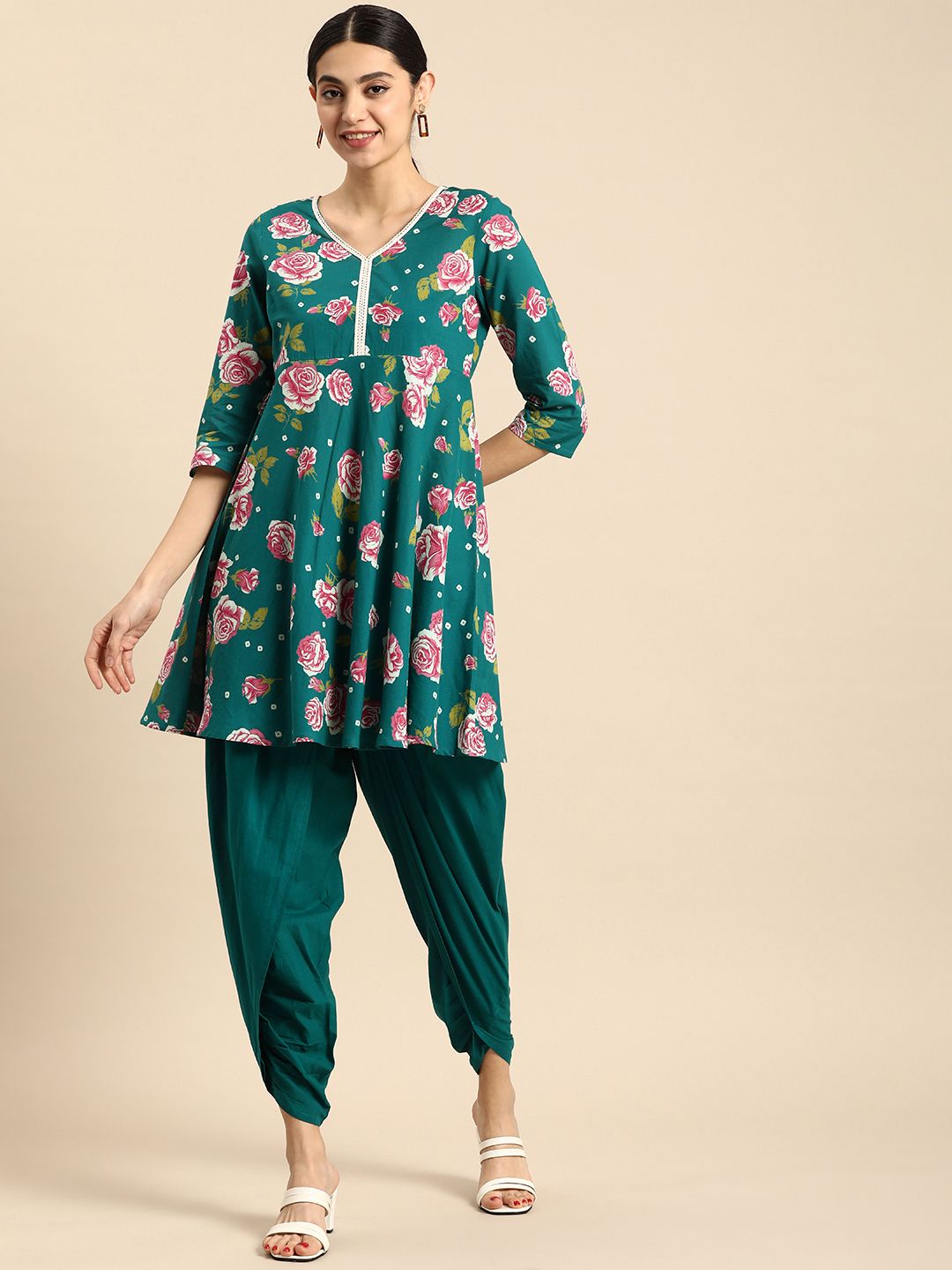 Dhimhi Women's Floral Printed Empire Style Pure Cotton Kurti with Dhoti Pants