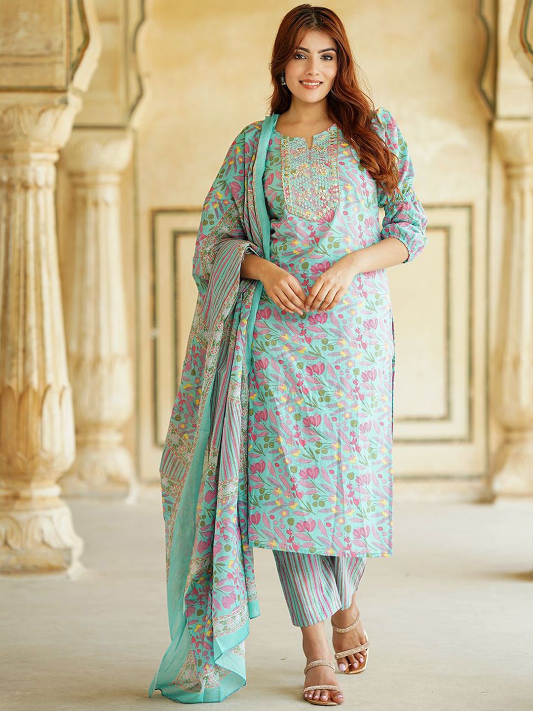 Dhimhi Women's Floral Printed Mirror Work Pure Cotton Straight Kurta With Trousers & Dupatta