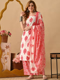 Dhimhi Women's White & Pink Pure Cotton Floral Printed Kurta Set With Palazzos & Dupatta