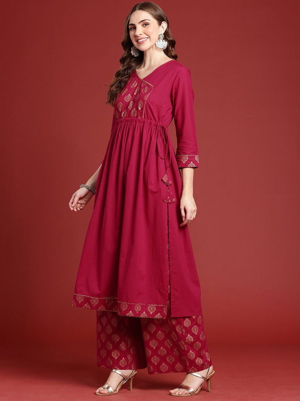 Dhimhi Women's Ethnic Motifs Printed Regular Pure Cotton Kurta with Palazzos