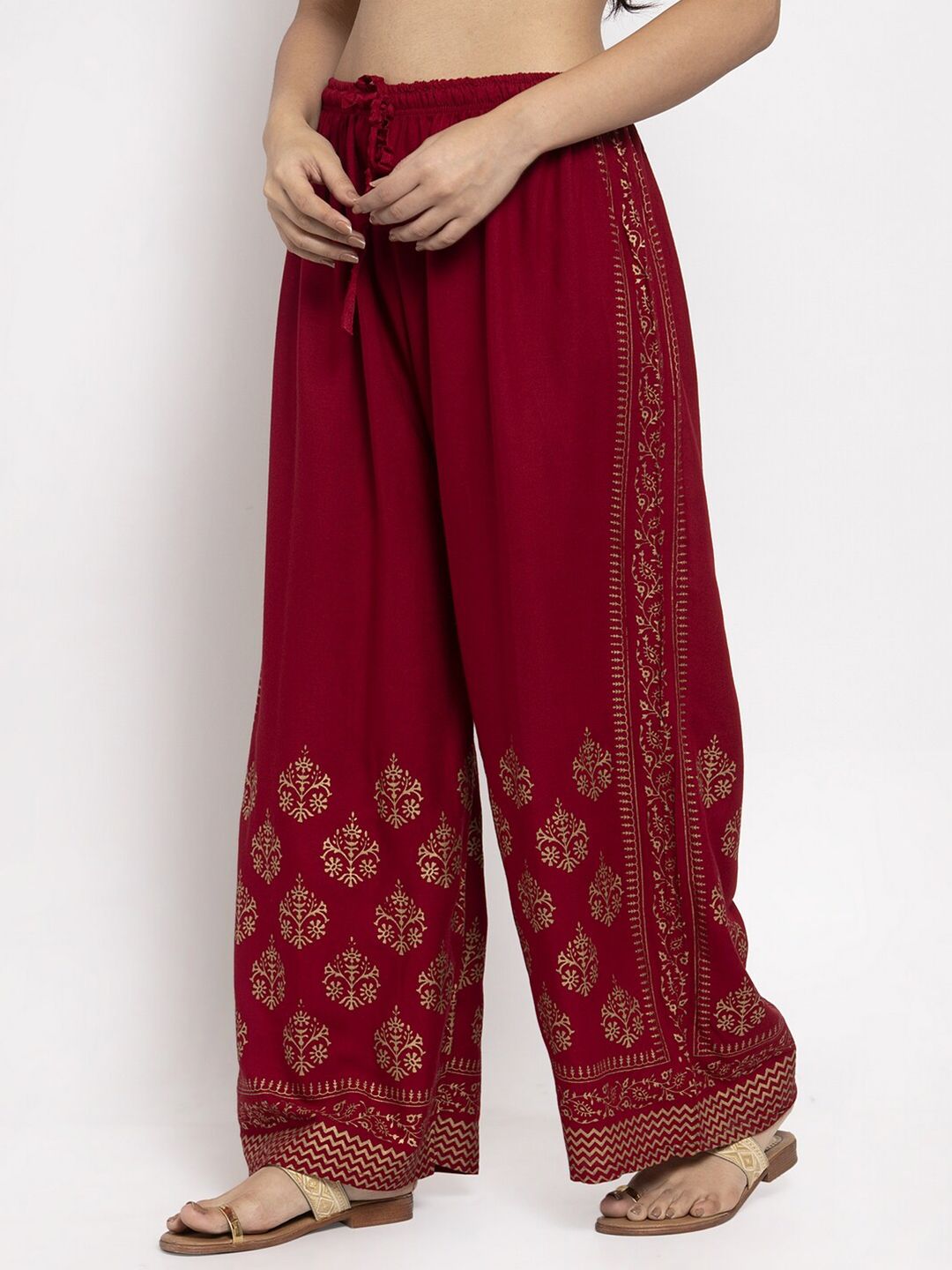 Dhimhi Women's Maroon & Gold-Toned Floral Printed Ethnic Palazzos