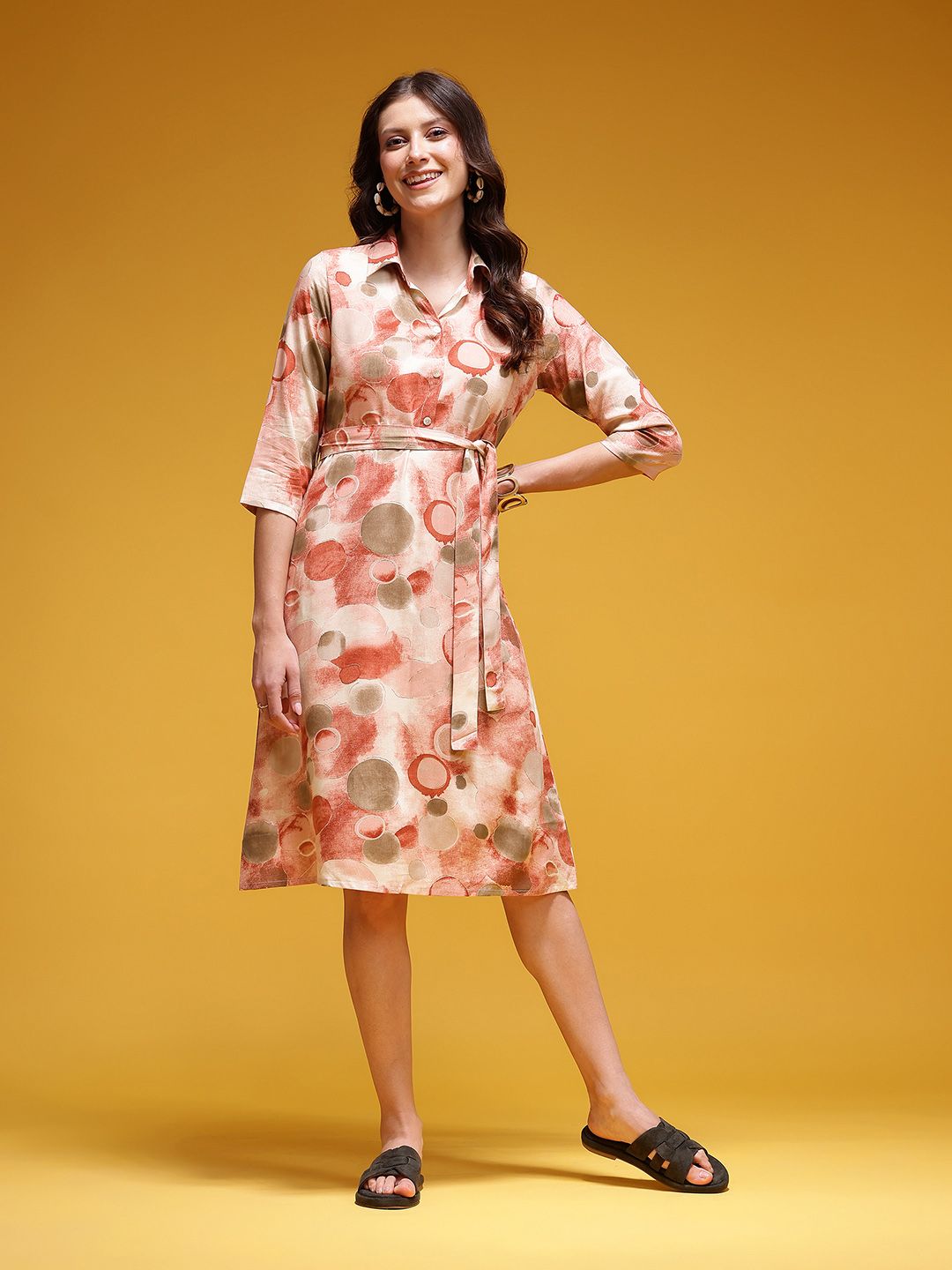 Dhimhi Women's Abstract Print Belted A-Line Dress