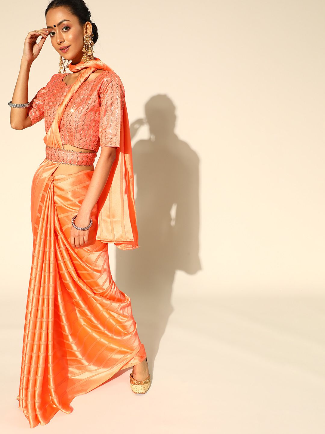 Dhimhi Women's Orange Striped Satin Party Wear Saree with Matching Blouse
