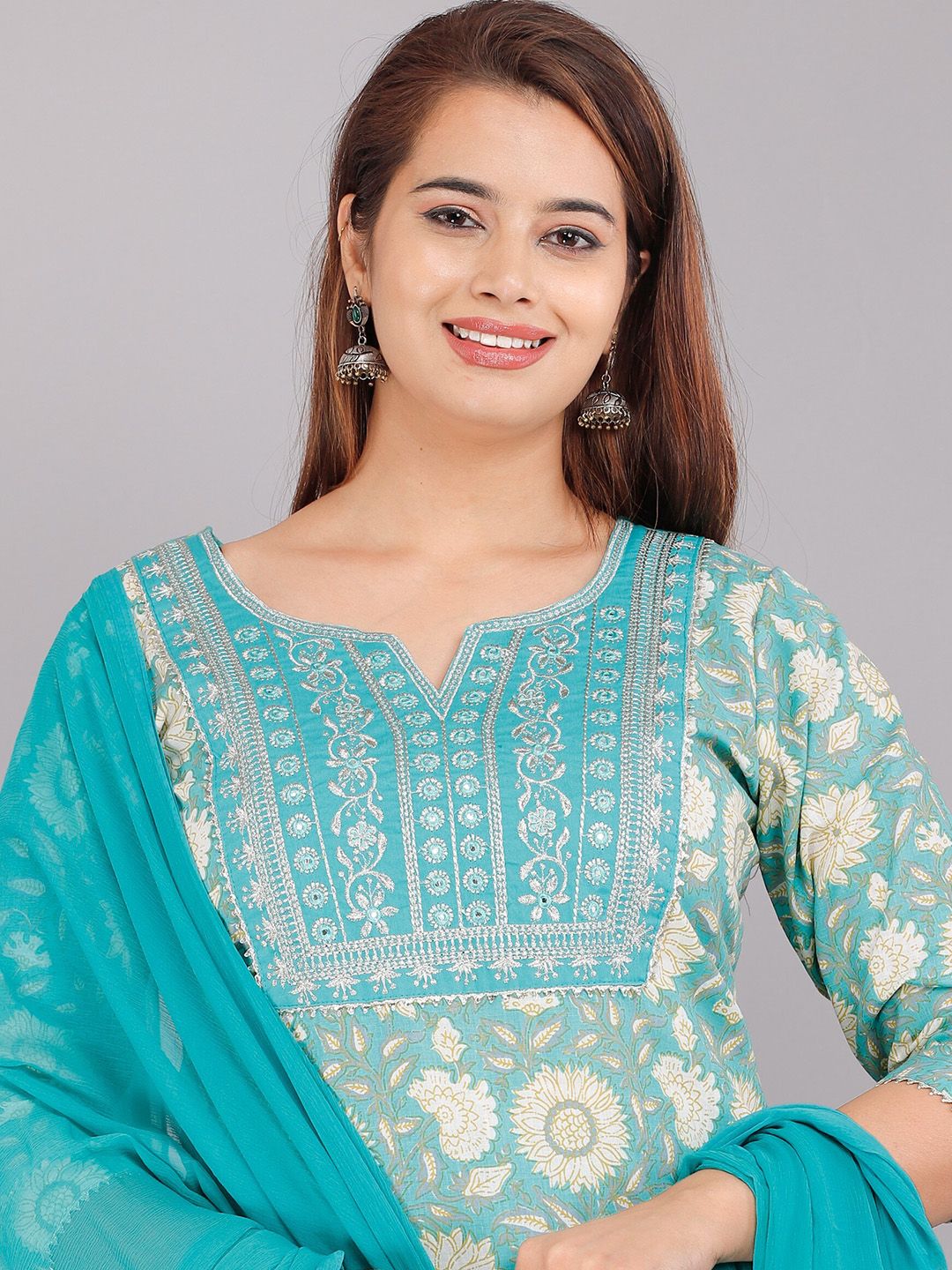 Dhimhi Women's Blue Ethnic Motifs Printed Pure Cotton Kurta with Trousers & With Dupatta