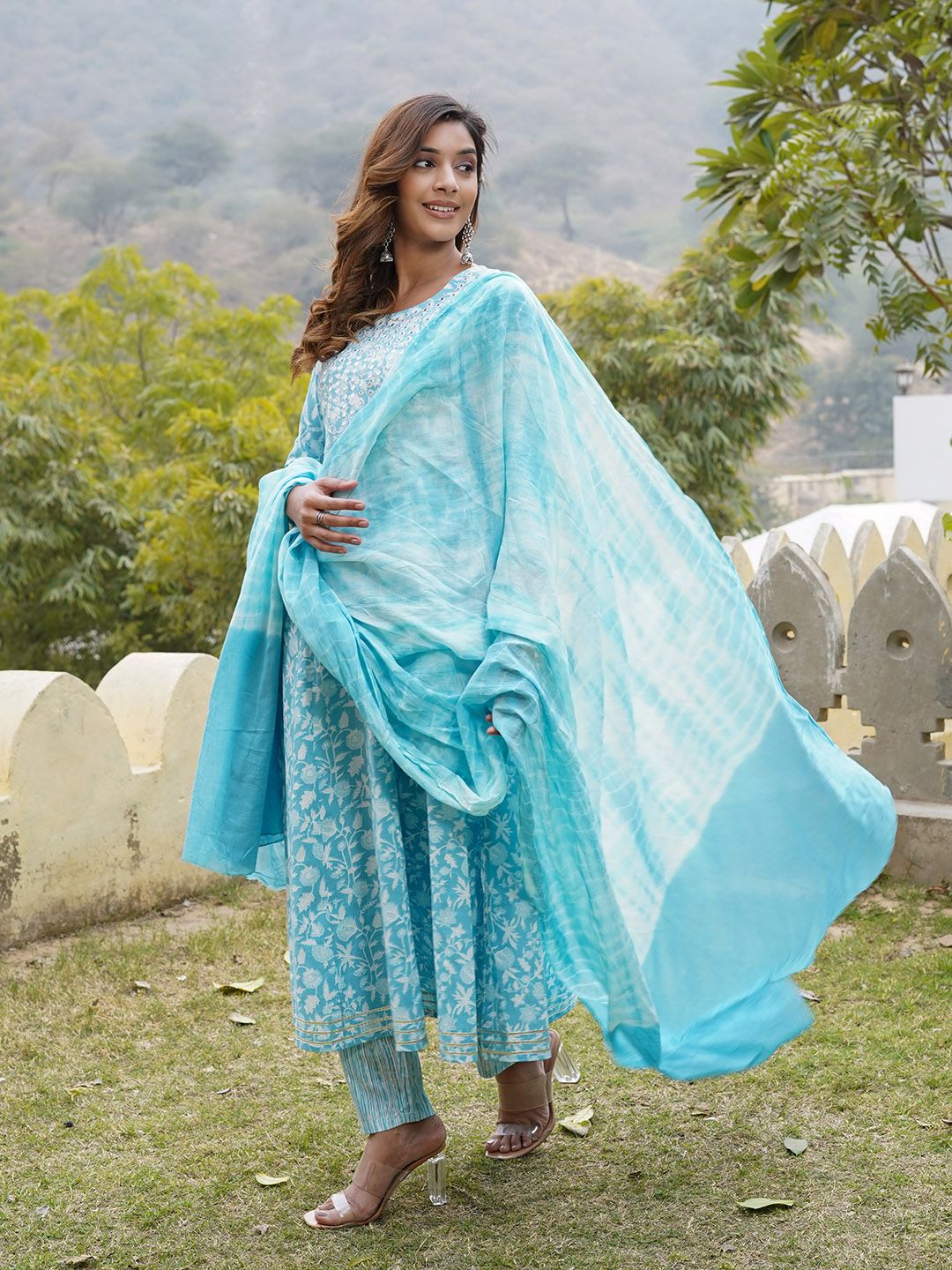 Dhimhi Women's Floral Printed Regular Mirror Work Pure Cotton Kurta with Trousers & With Dupatta