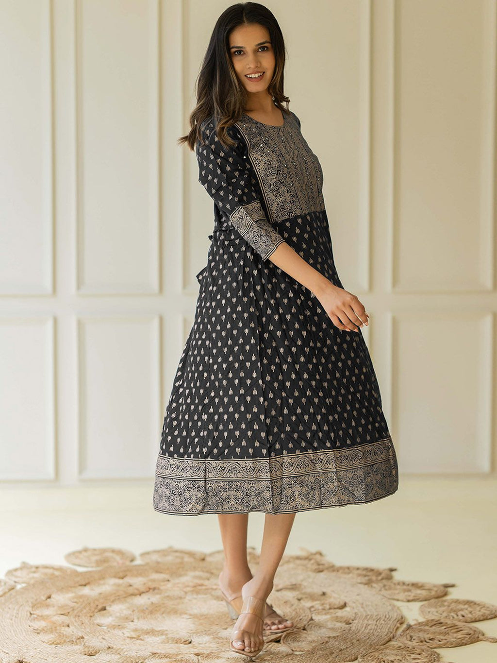 Dhimhi Women's Floral Printed Round Neck Cotton Fit & Flare Midi Ethnic Dress