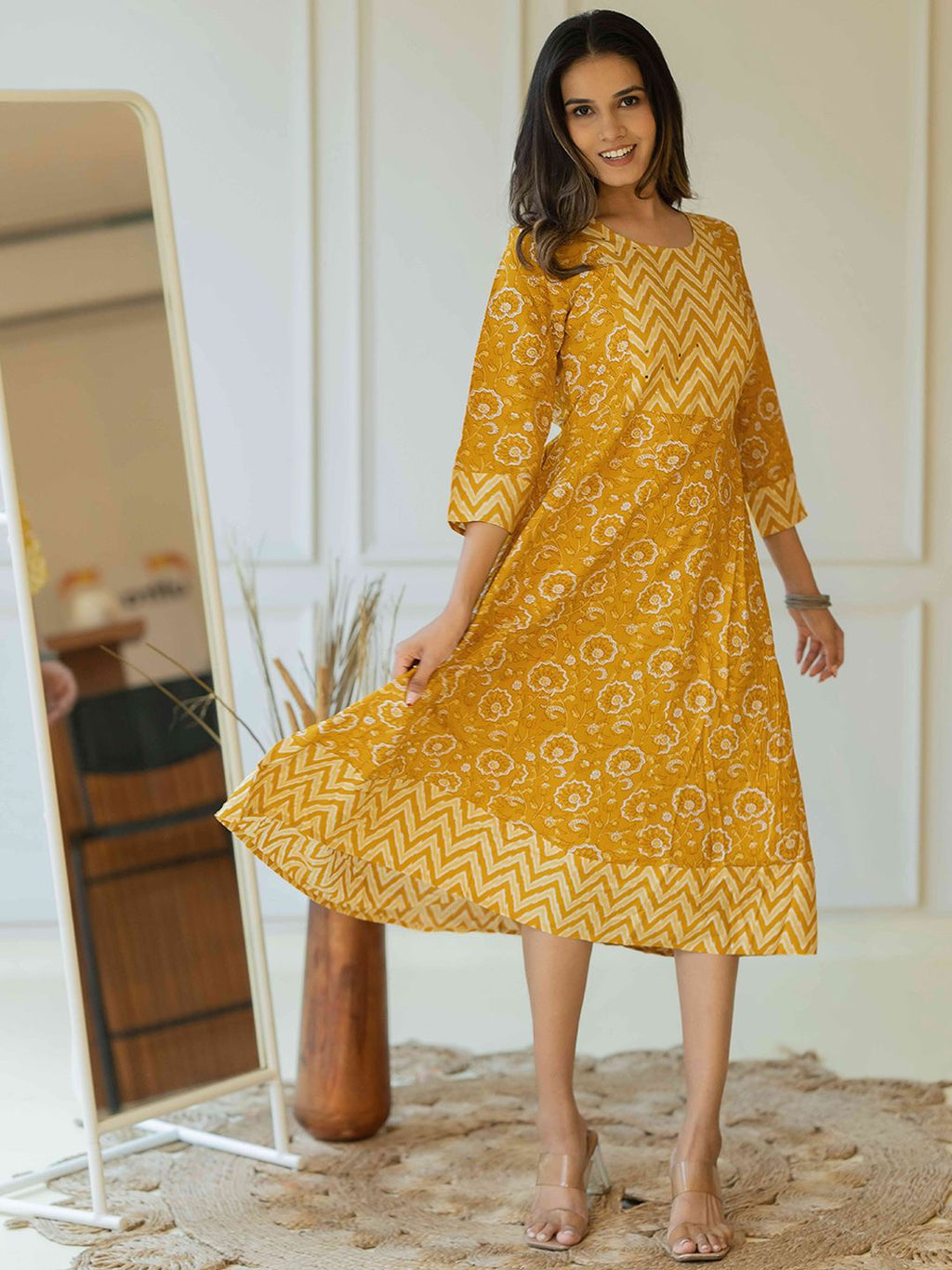 Dhimhi Women's Floral Printed Round Neck Cotton Fit & Flare Midi Ethnic Dress