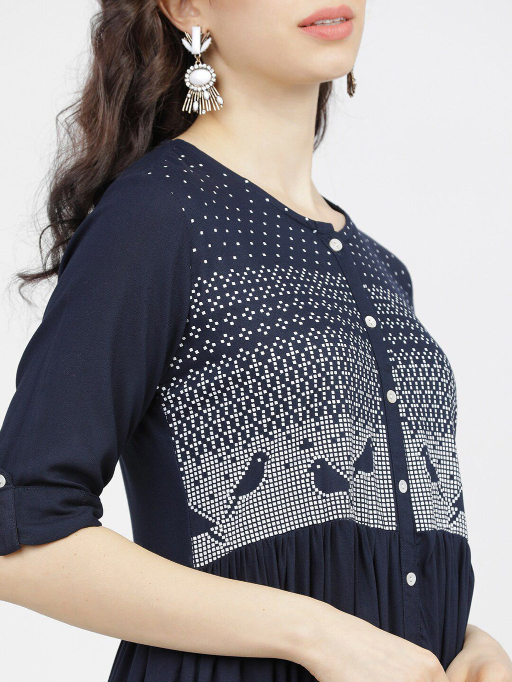 Dhimhi Women's Navy Blue & White Ethnic Motifs Midi Dress