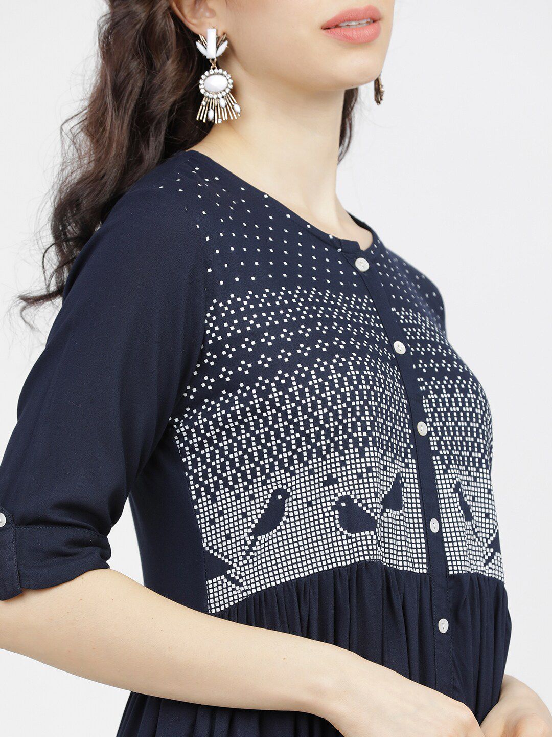 Dhimhi Women's Navy Blue & White Ethnic Motifs Midi Dress