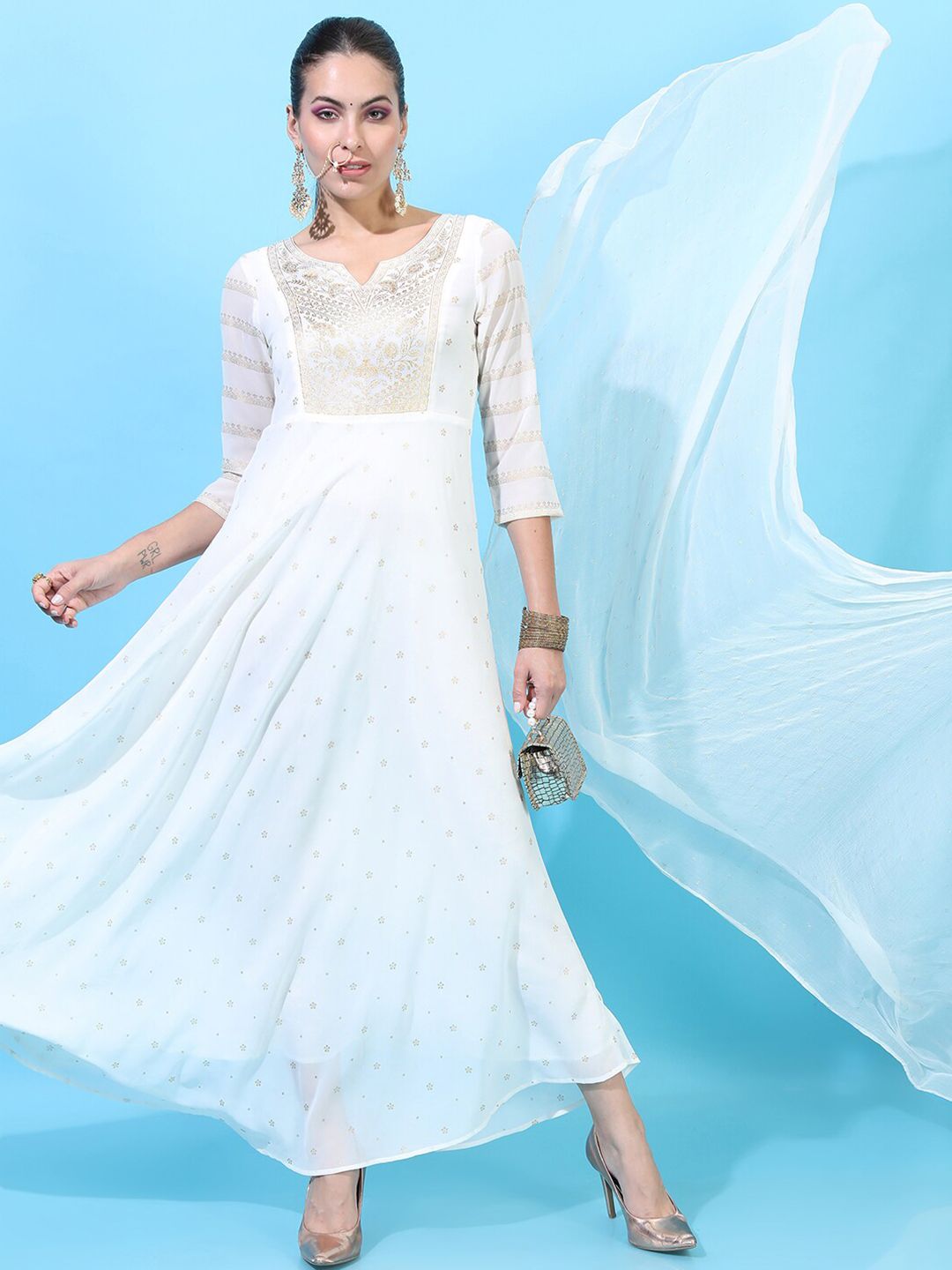 Dhimhi Women's White Floral Ethnic Maxi Dress with Dupatta