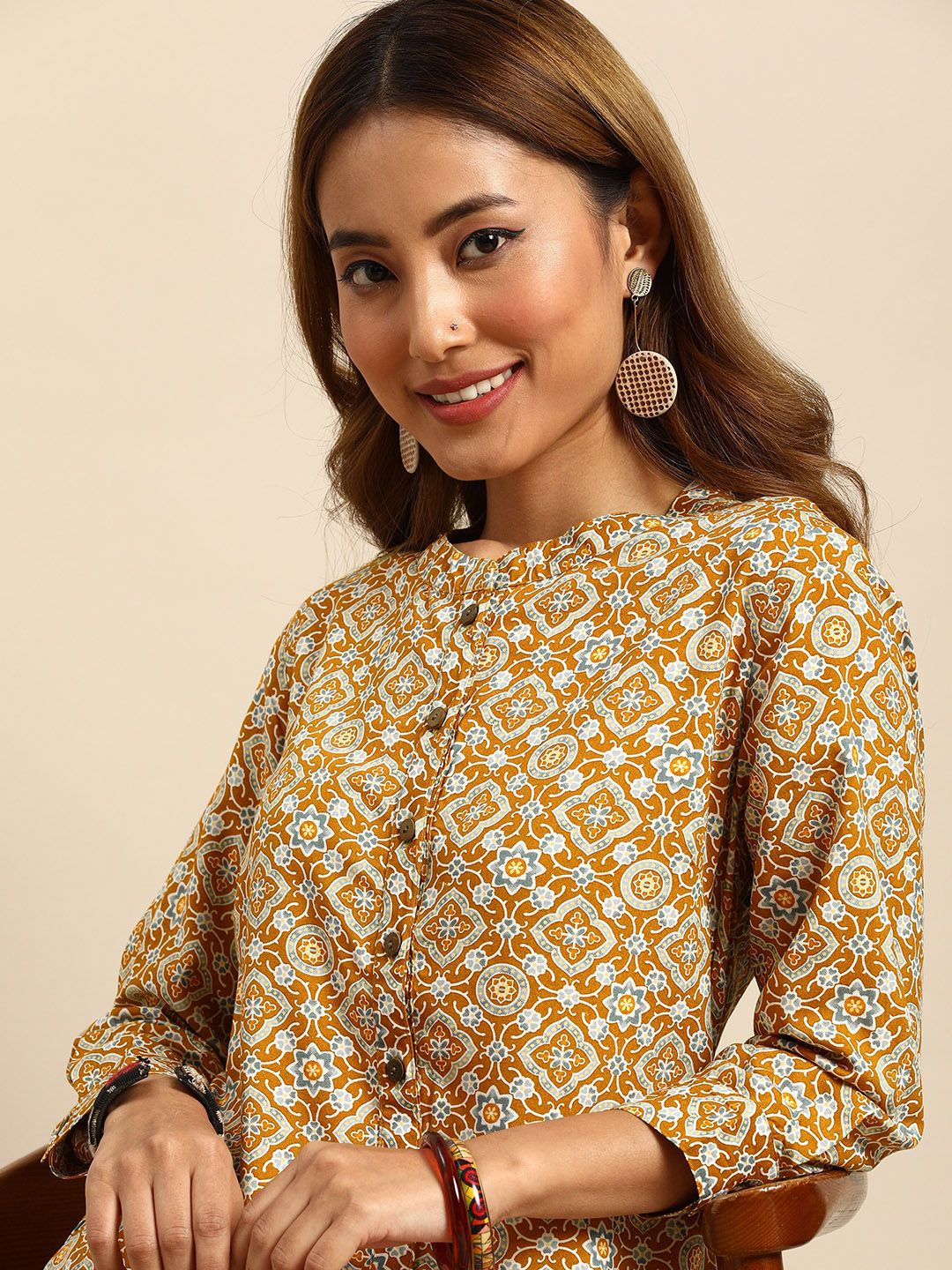 Women Mustard Yellow & Blue Printed Kurta