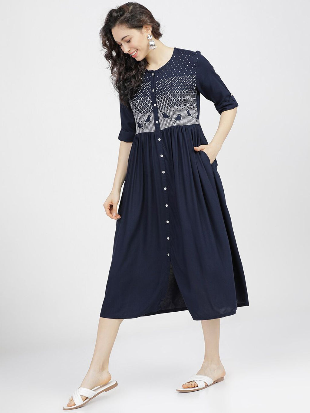 Dhimhi Women's Navy Blue & White Ethnic Motifs Midi Dress