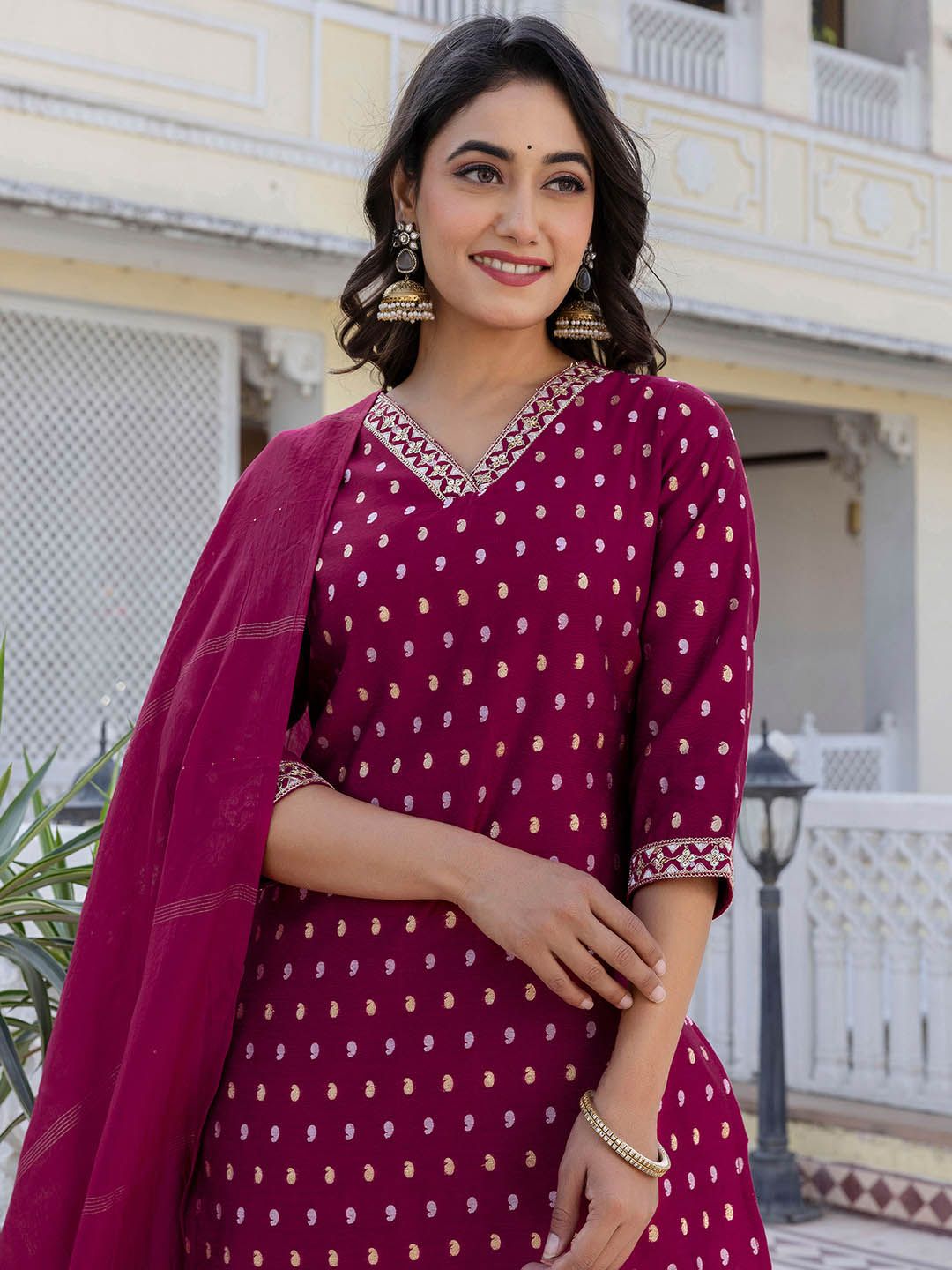 Dhimhi Women's Paisley Embroidered Sequinned Straight Kurta With Trouser And Dupatta