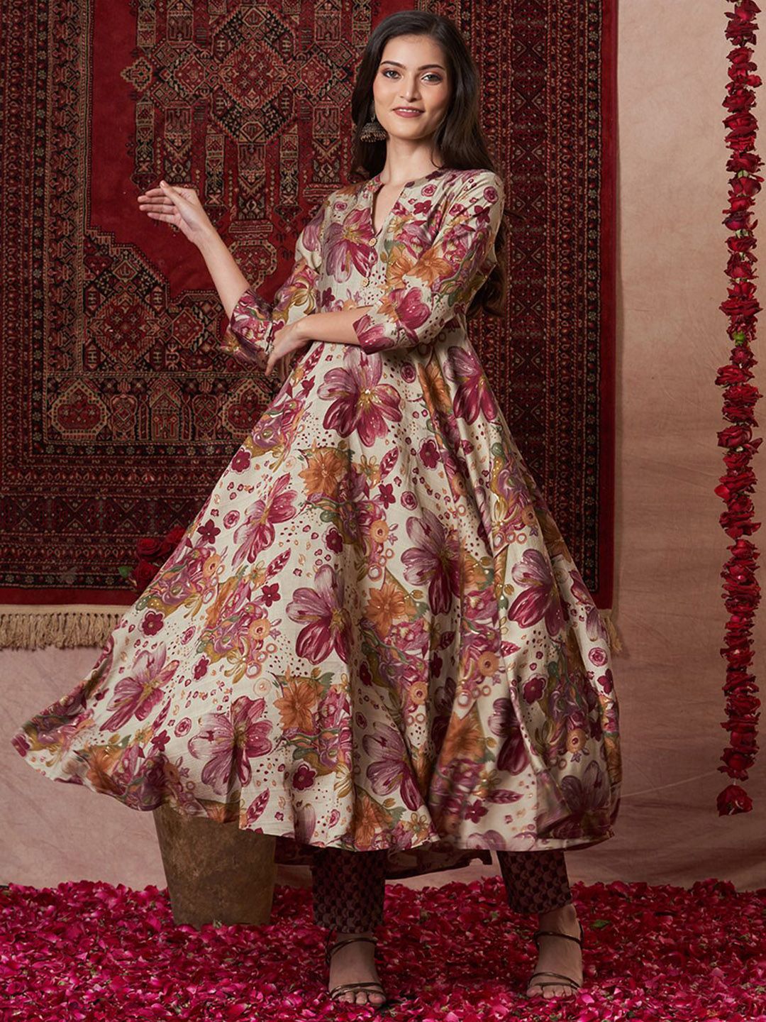 Dhimhi Women's Floral Printed Anarkali Kurta With Trouser