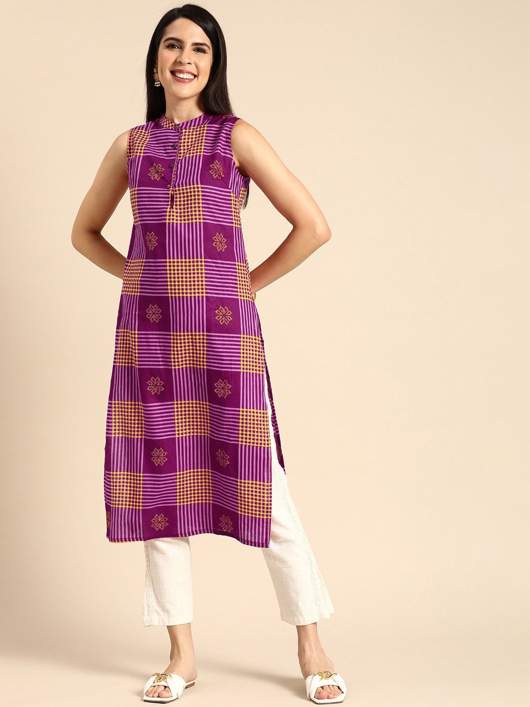 Women Checked & Ethnic Motifs Print Band Collar Pastels Cotton Straight Kurta