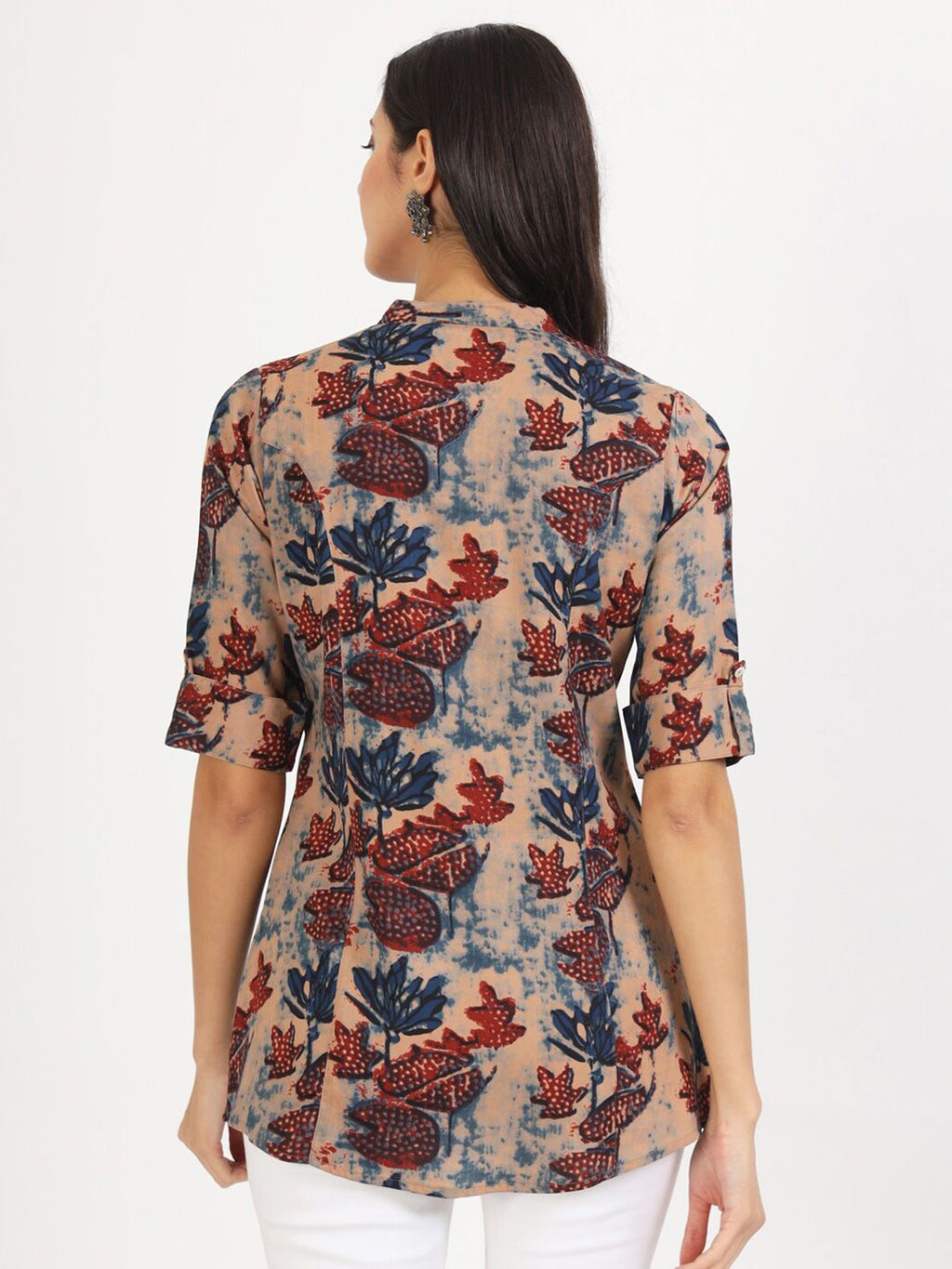 Dhimhi Women's Floral Printed Mandarin Collar Roll-Up Sleeves Shirt Style Top