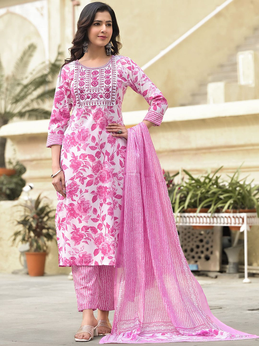 Dhimhi women's floral printed kurta set with matching trousers and dupatta, featuring regular thread work and vibrant design.