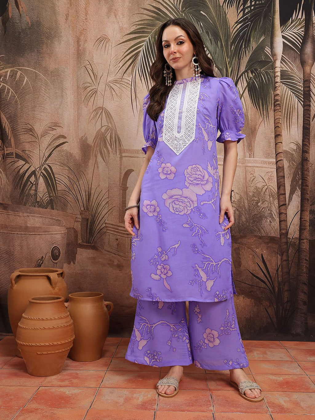 Dhimhi Women's Floral Printed Thread Work Detail Kurta with Palazzos