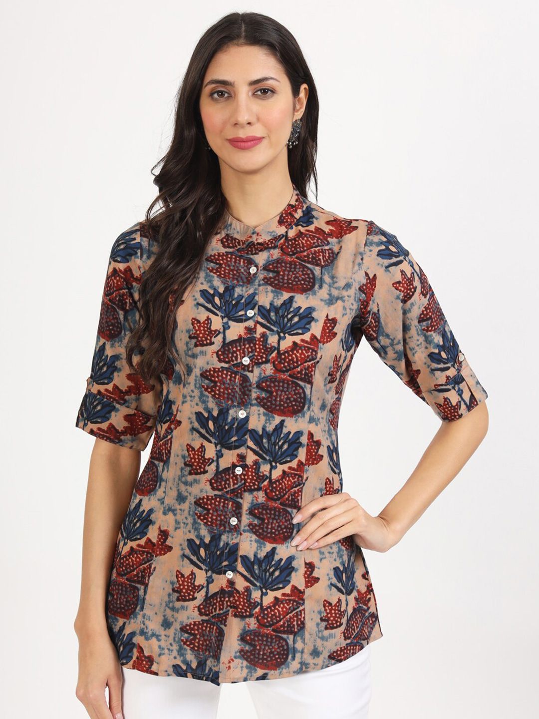 Dhimhi Women's Floral Printed Mandarin Collar Roll-Up Sleeves Shirt Style Top