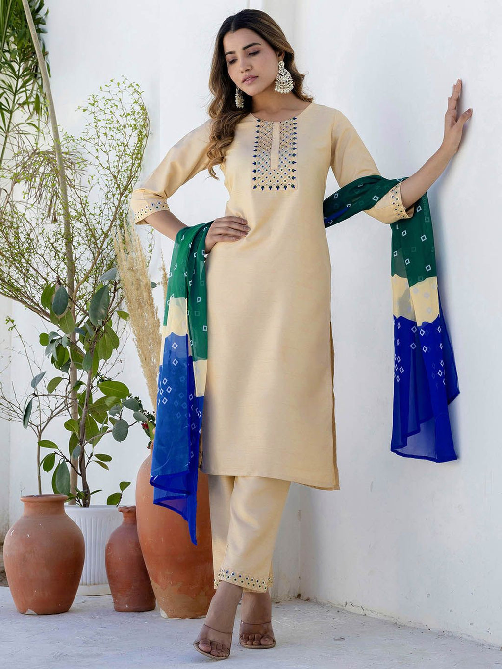Dhimhi Women's Ethnic Embroidered Sequinned Straight Kurta With Trousers & Dupatta