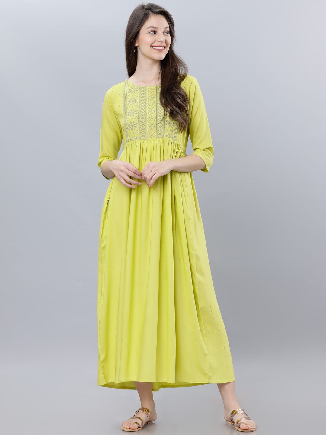 Dhimhi Women's Lime Green Embroidered Maxi Dress