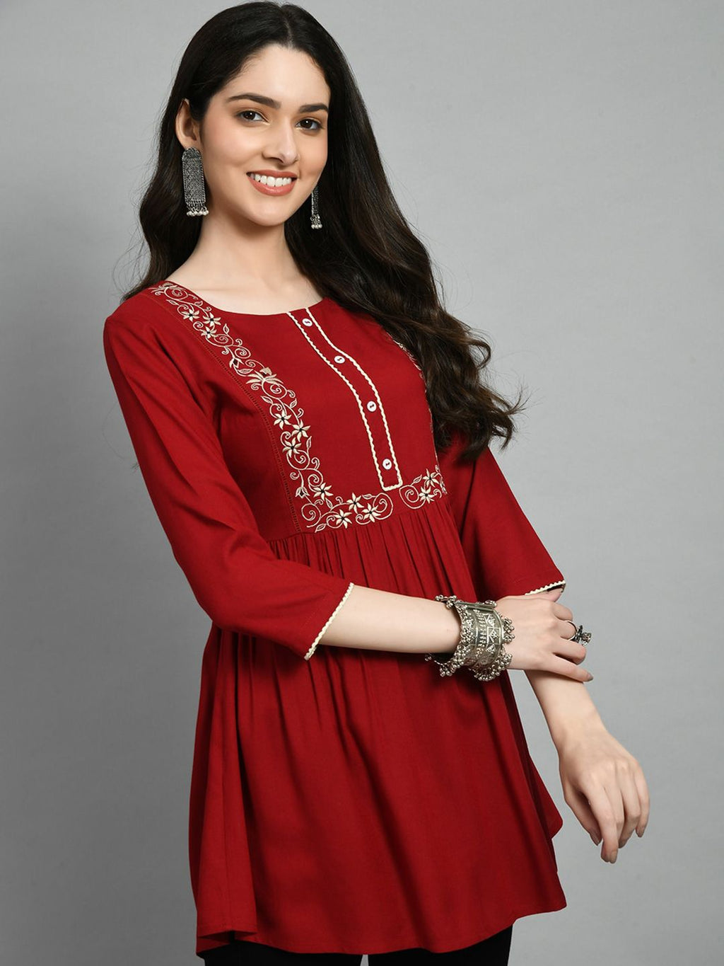 Dhimhi Women's Embroidered Gathered A-Line Tunic