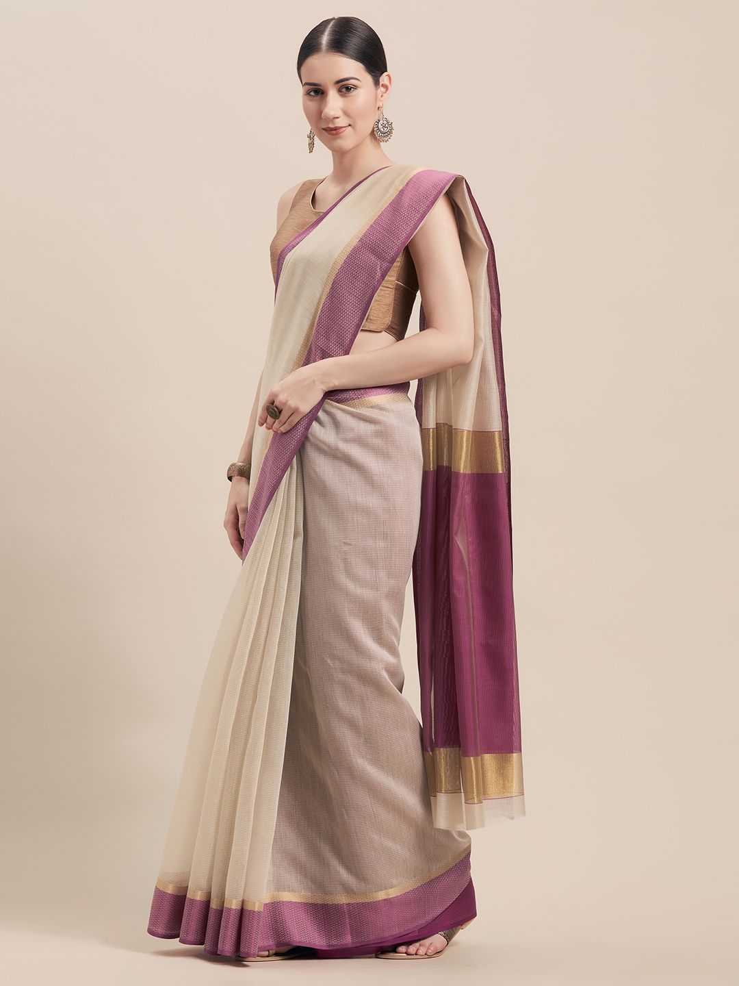 Dhimhi Women's Beige & Purple Cotton Blend Woven Design Saree