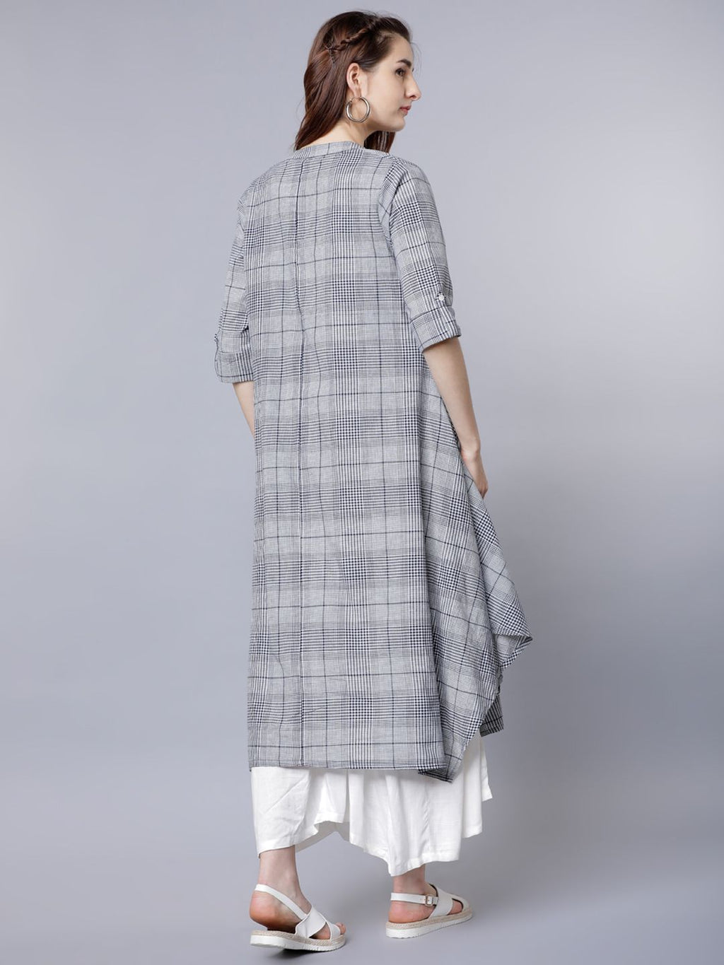 Dhimhi Women's White & Navy Blue Floral Layered Ethnic A-Line Maxi Dress With Jacket