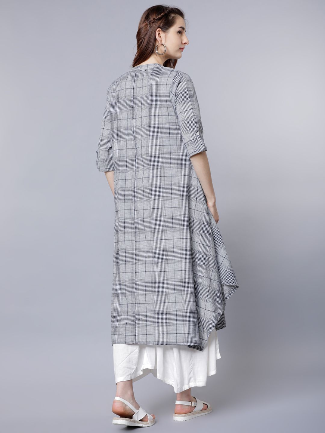 Dhimhi Women's White & Navy Blue Floral Layered Ethnic A-Line Maxi Dress With Jacket