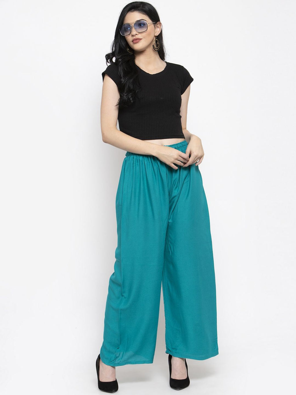 Dhimhi Women's Turquoise Blue Solid Straight Palazzos