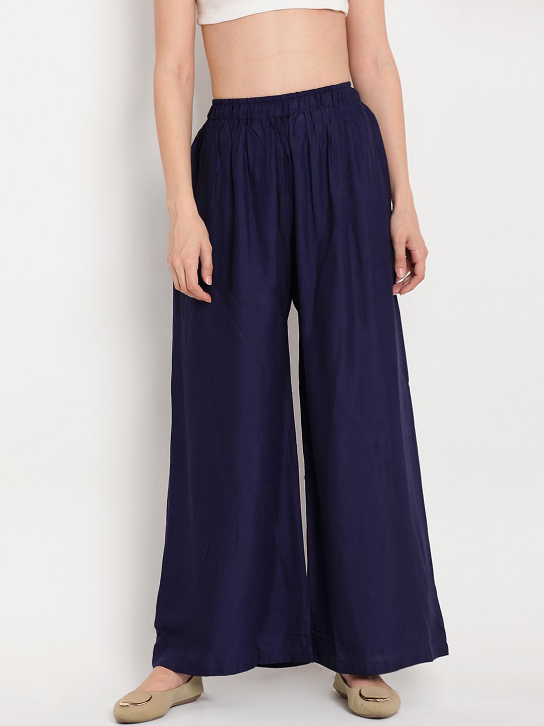 Dhimhi Women's Navy Blue Solid Flared Palazzos