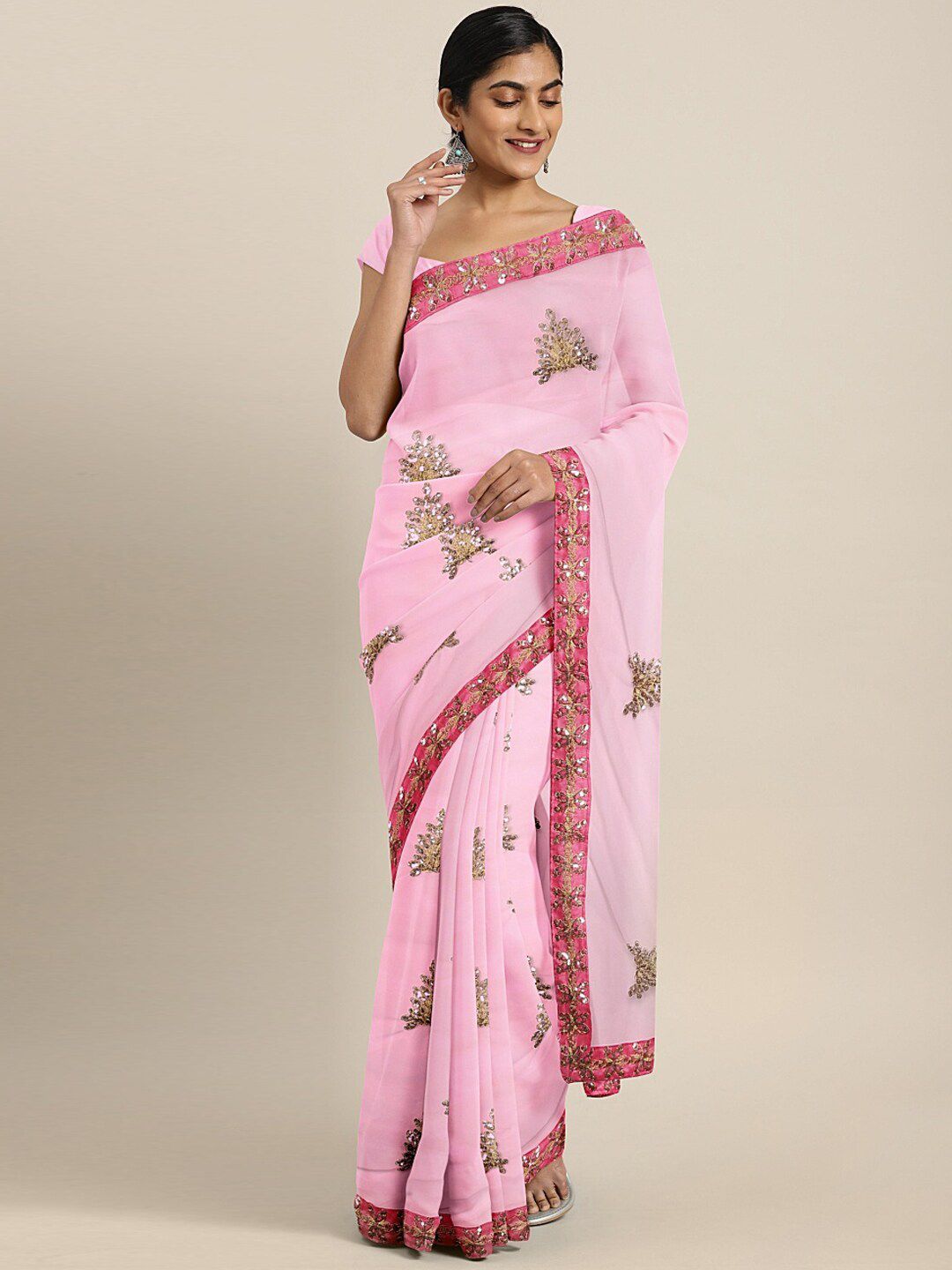 Dhimhi Women's Pink Ethnic Motifs Beads and Stones Saree
