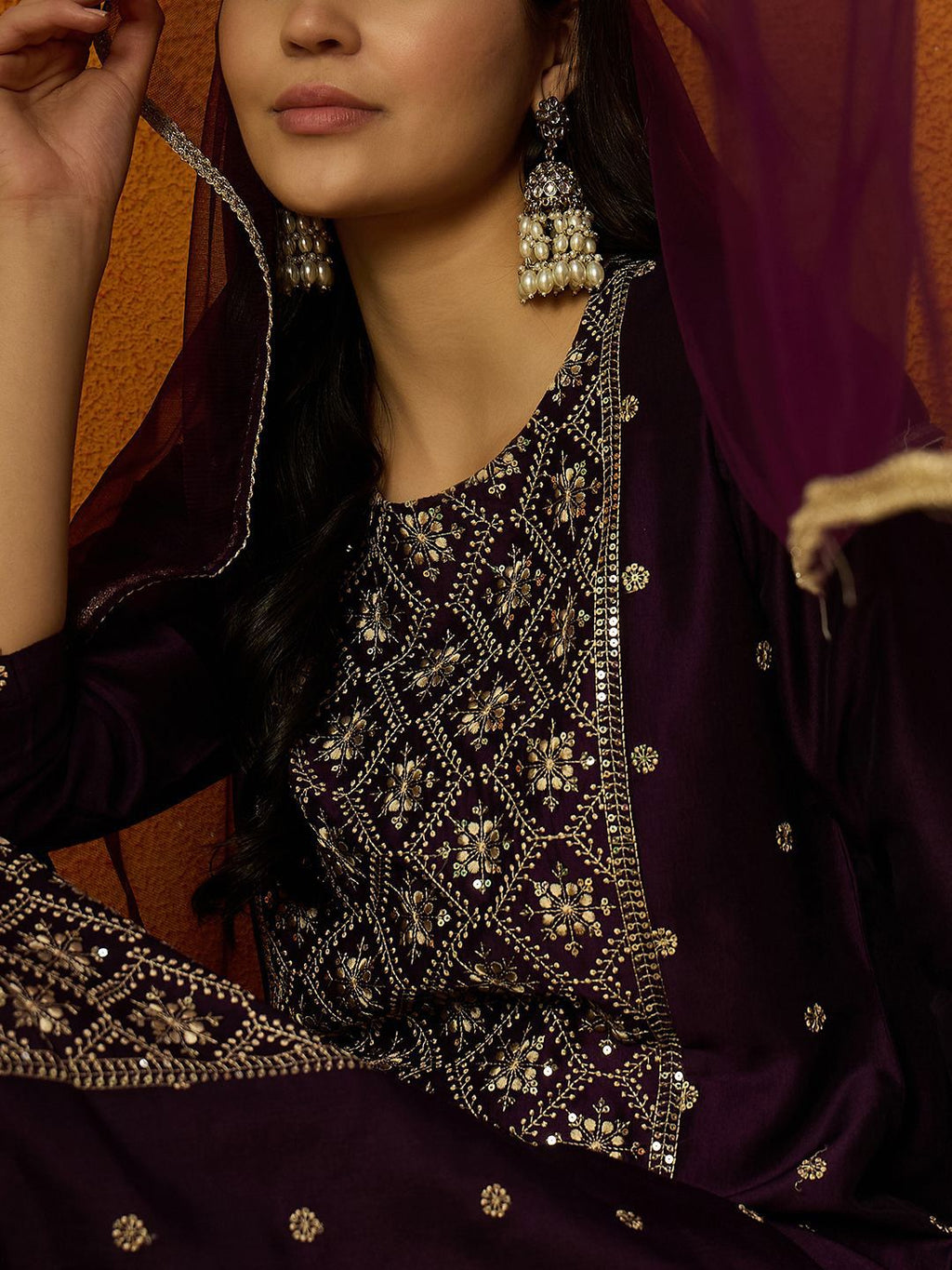 Dhimhi Women's Ethnic Motifs Embroidered Sequinned Straight Kurta with Trousers & Dupatta