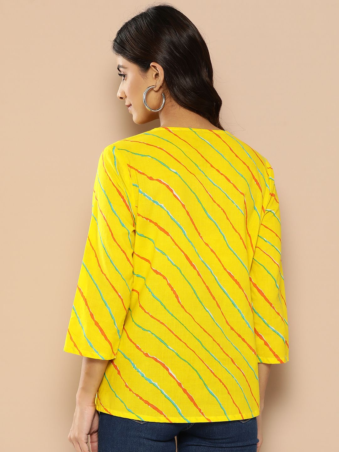 Dhimhi Women's Striped Mandarin Collar Roll-Up Sleeves Cotton Top