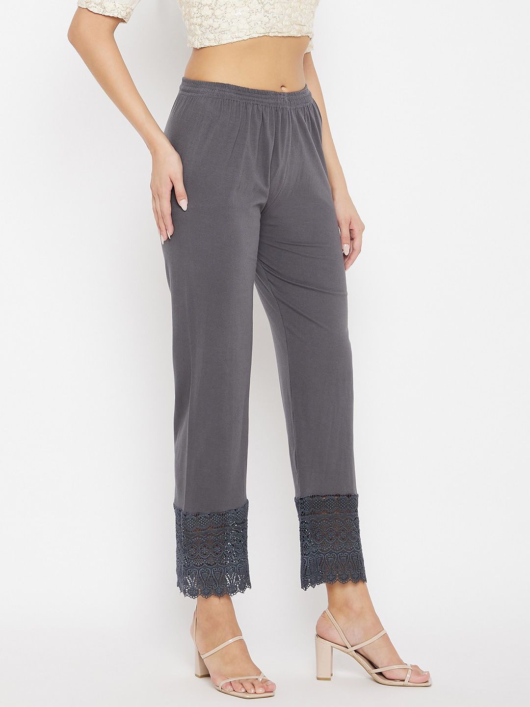 Dhimhi Women's Grey Hem Design Knitted Palazzos