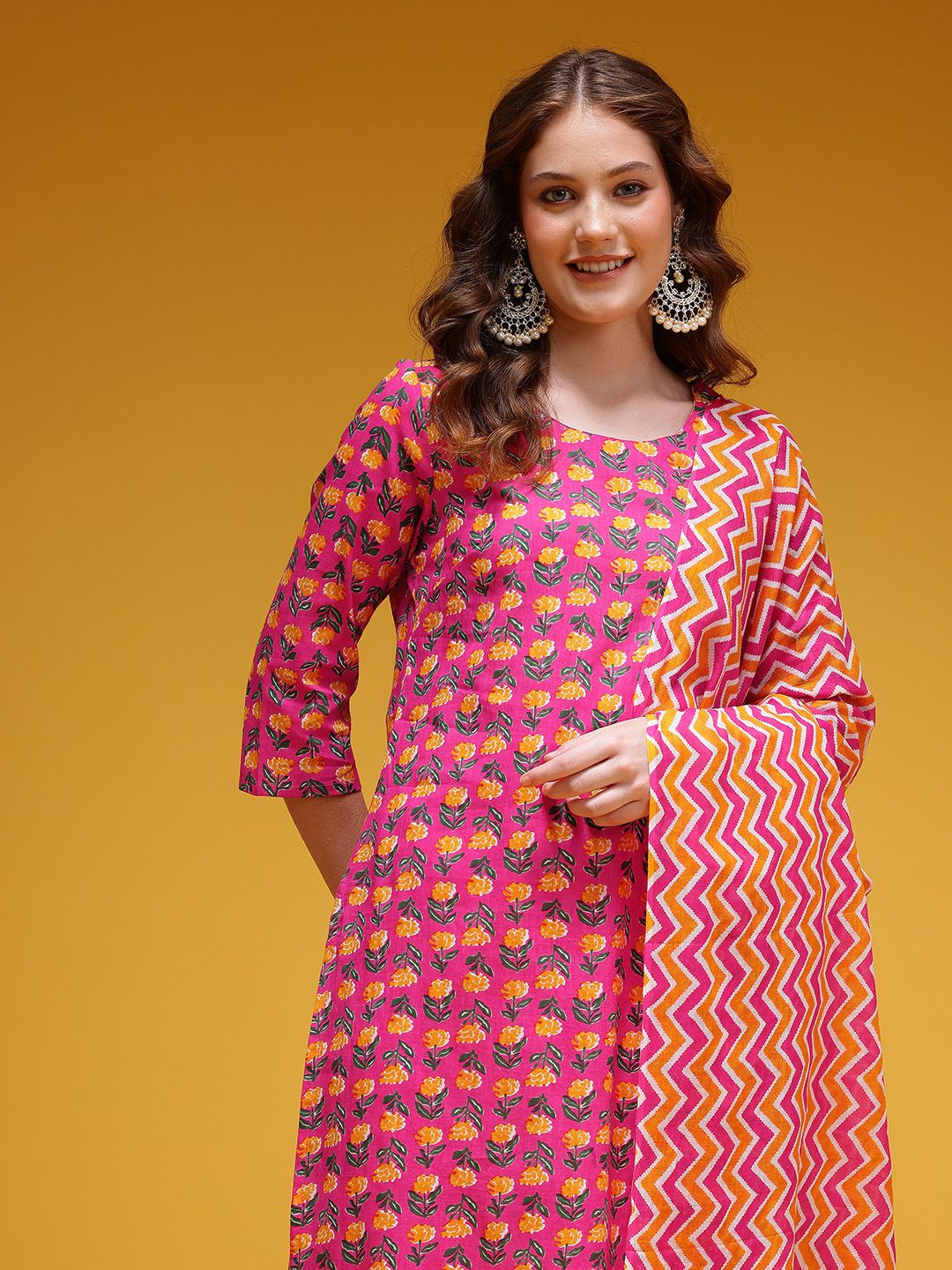 Dhimhi Women's Floral Printed Pure Cotton Kurta with Trousers & Dupatta