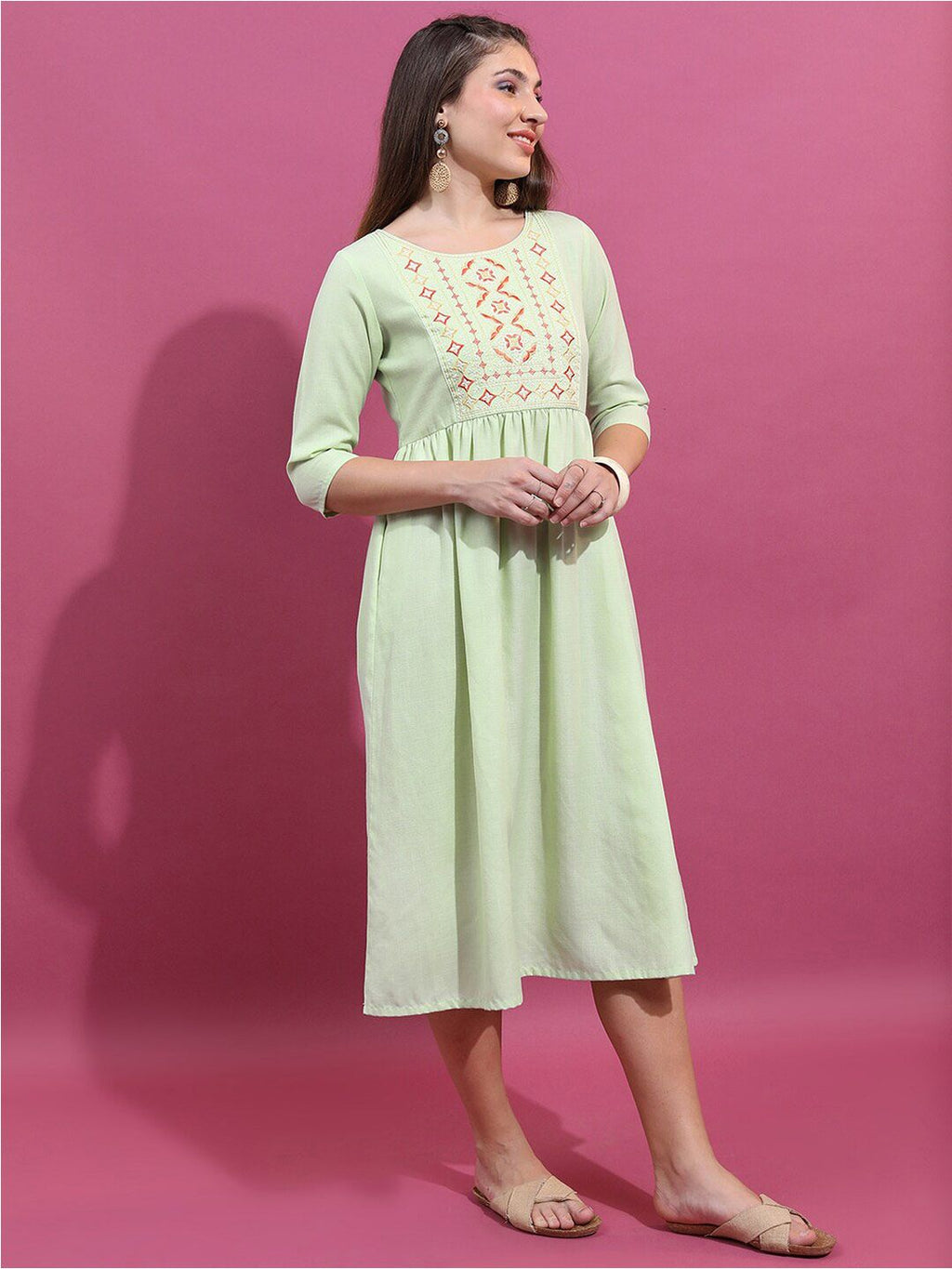 Dhimhi Women's Sea Green Ethnic Embroidered Fit & Flare Midi Ethnic Dress