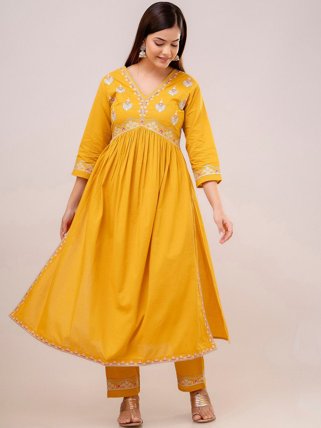 Dhimhi Women's Yellow Floral Embroidered Pure Cotton Empire Kurta With Trouser & Dupatta