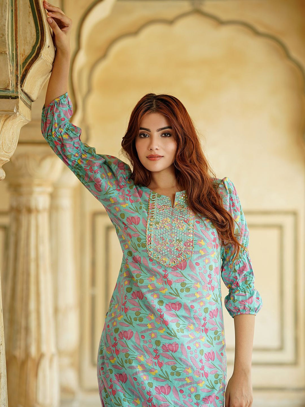 Dhimhi Women's Floral Printed Mirror Work Pure Cotton Straight Kurta With Trousers & Dupatta