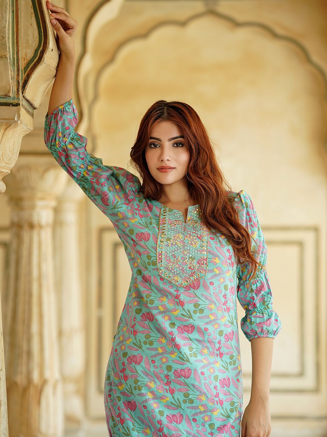 Dhimhi Women's Floral Printed Mirror Work Pure Cotton Straight Kurta With Trousers & Dupatta