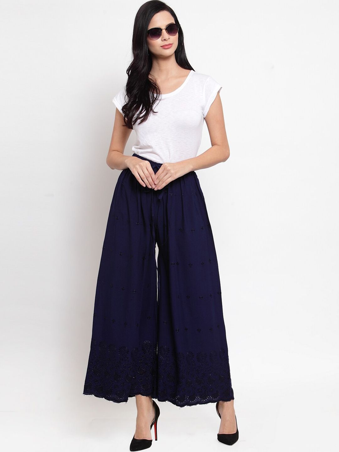 Dhimhi Women's Navy Blue Embroidered Chikankari Flared Palazzo