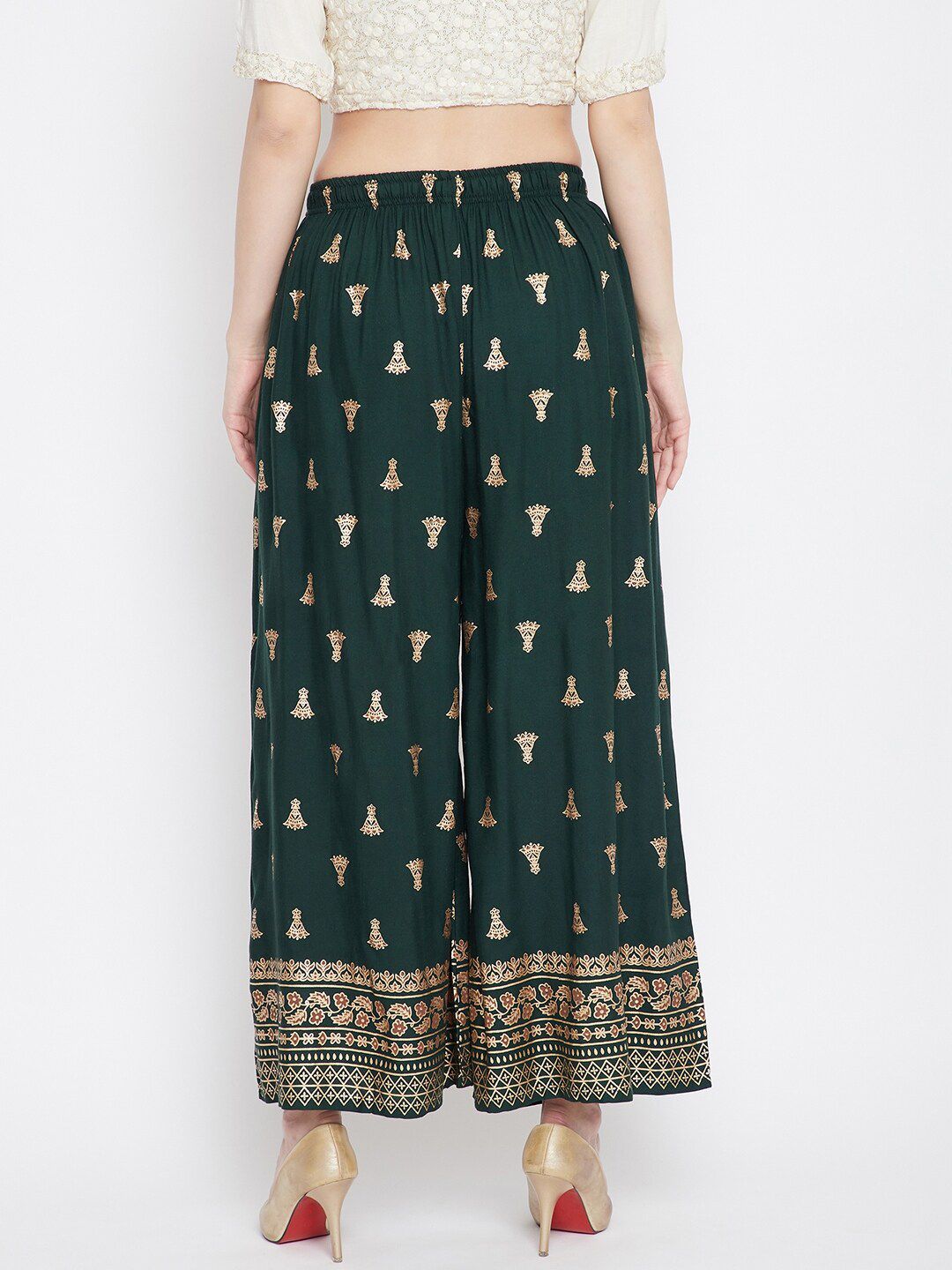 Dhimhi Women's Green & Gold-Toned Printed Flared Knitted Ethnic Palazzos
