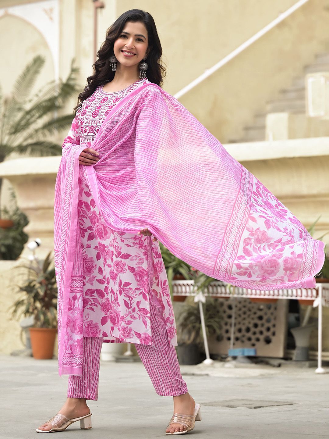 Dhimhi women's floral printed kurta set with trousers and dupatta, featuring regular thread work and vibrant design.