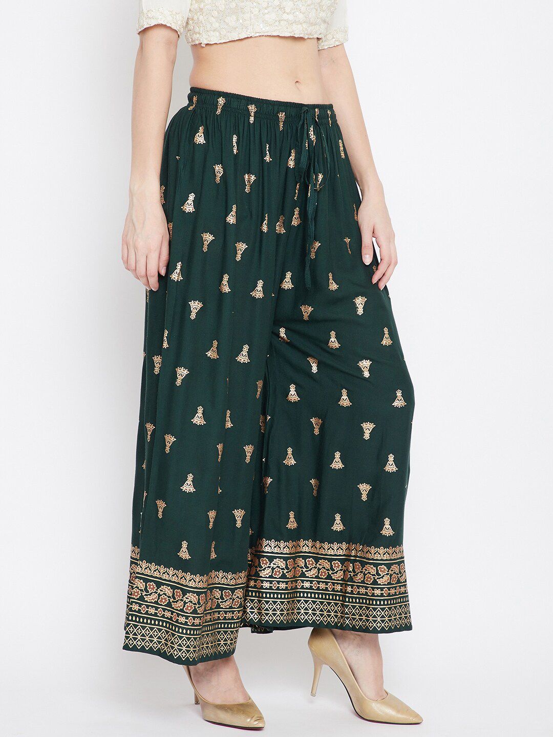 Dhimhi Women's Green & Gold-Toned Printed Flared Knitted Ethnic Palazzos