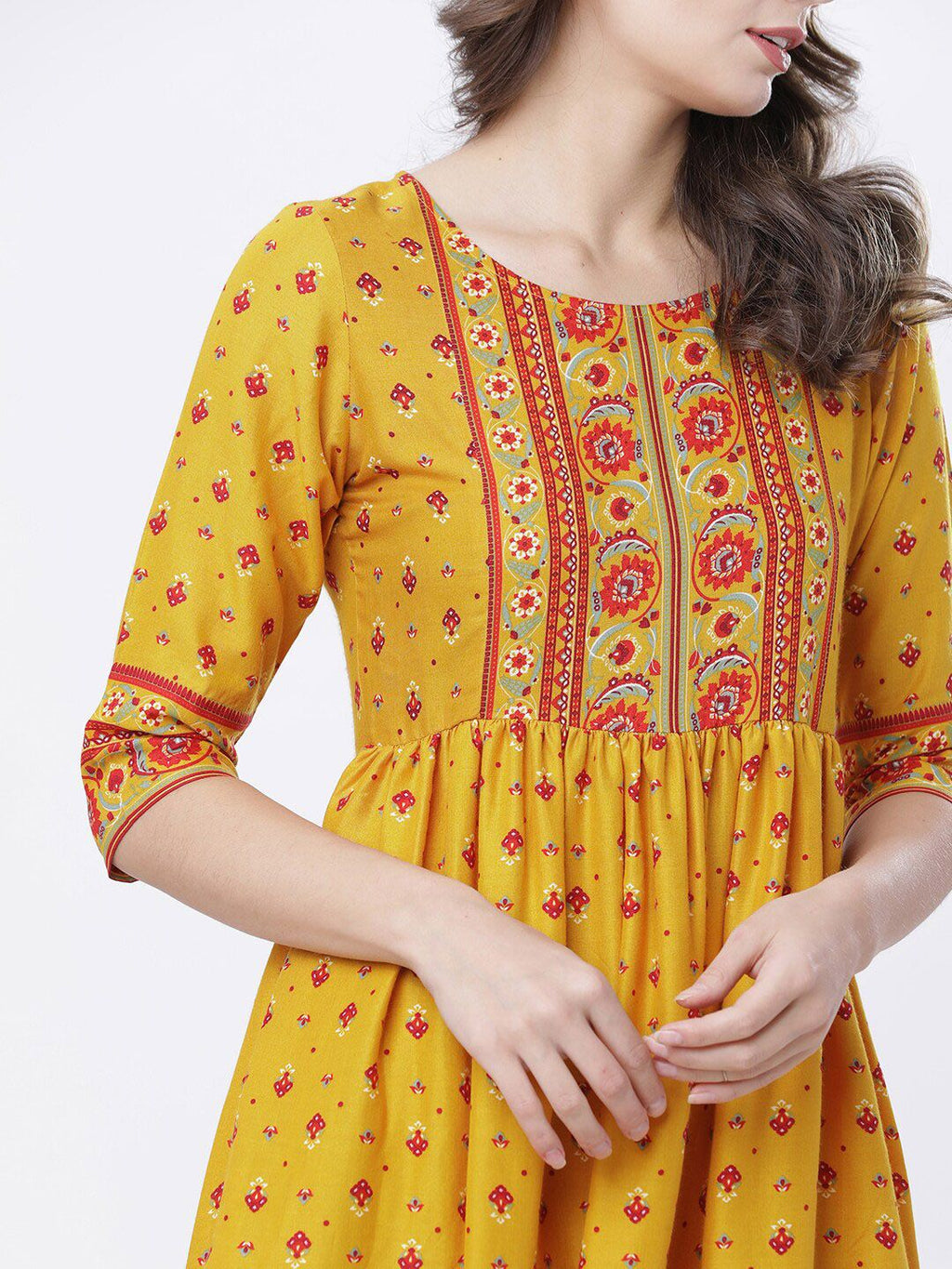 Dhimhi Women's Mustard Yellow Printed A-Line Dress