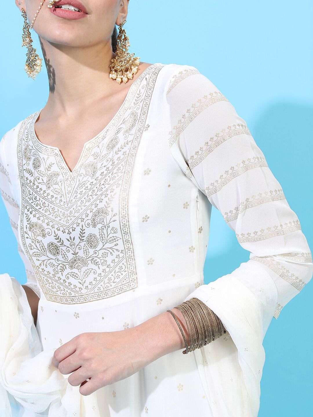 Dhimhi Women's White Floral Ethnic Maxi Dress with Dupatta
