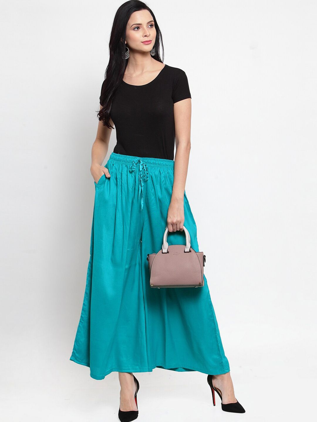 Dhimhi Women's Turquoise Blue Solid Flared Palazzo