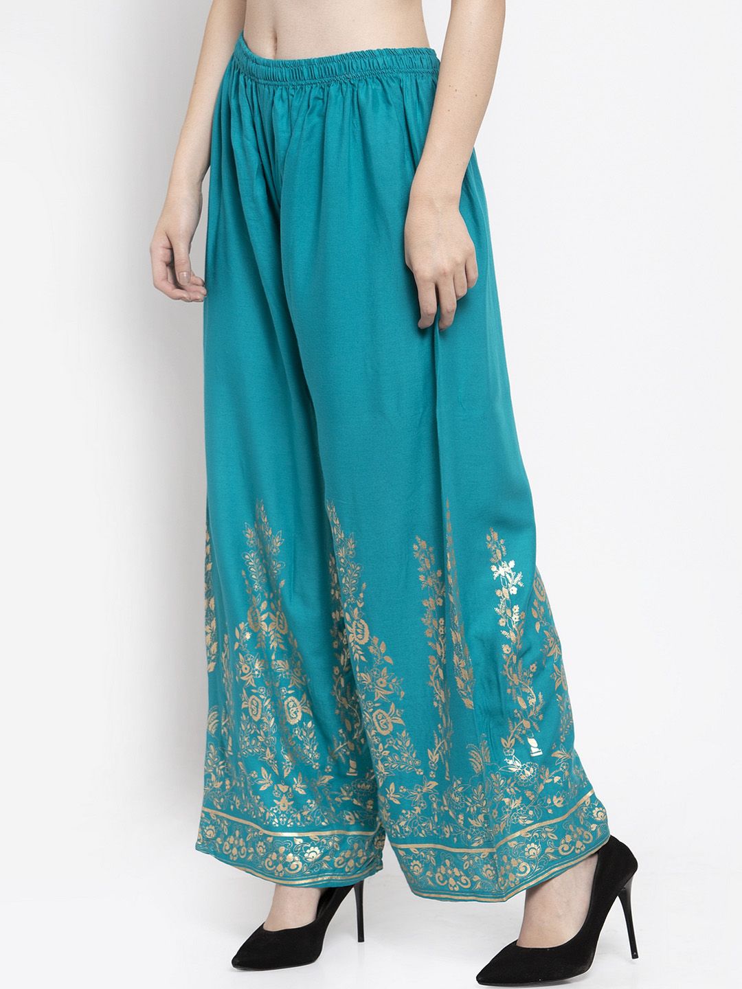 Dhimhi Women's Teal Blue Printed Wide Leg Palazzos